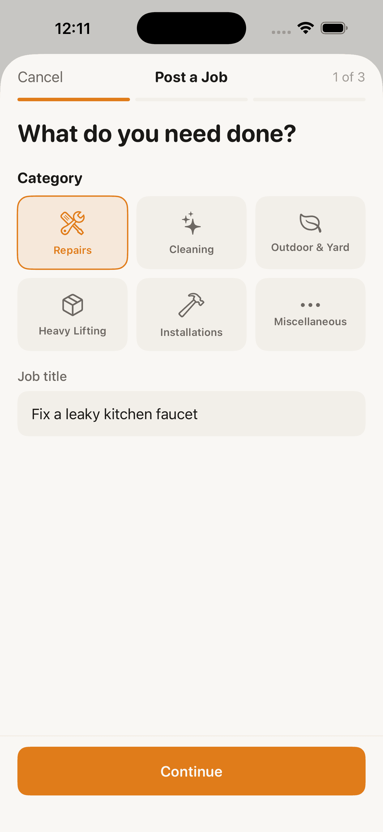 Post a job screen